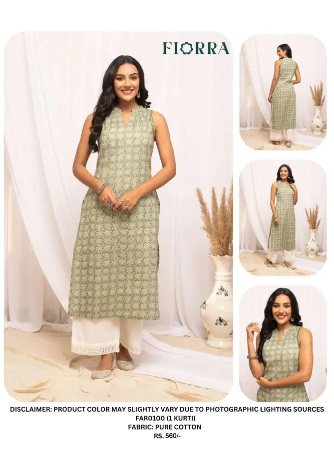 Fiorra FAR0100 Green Pure Cotton Straight Kurti Wholesale Shop In Surat